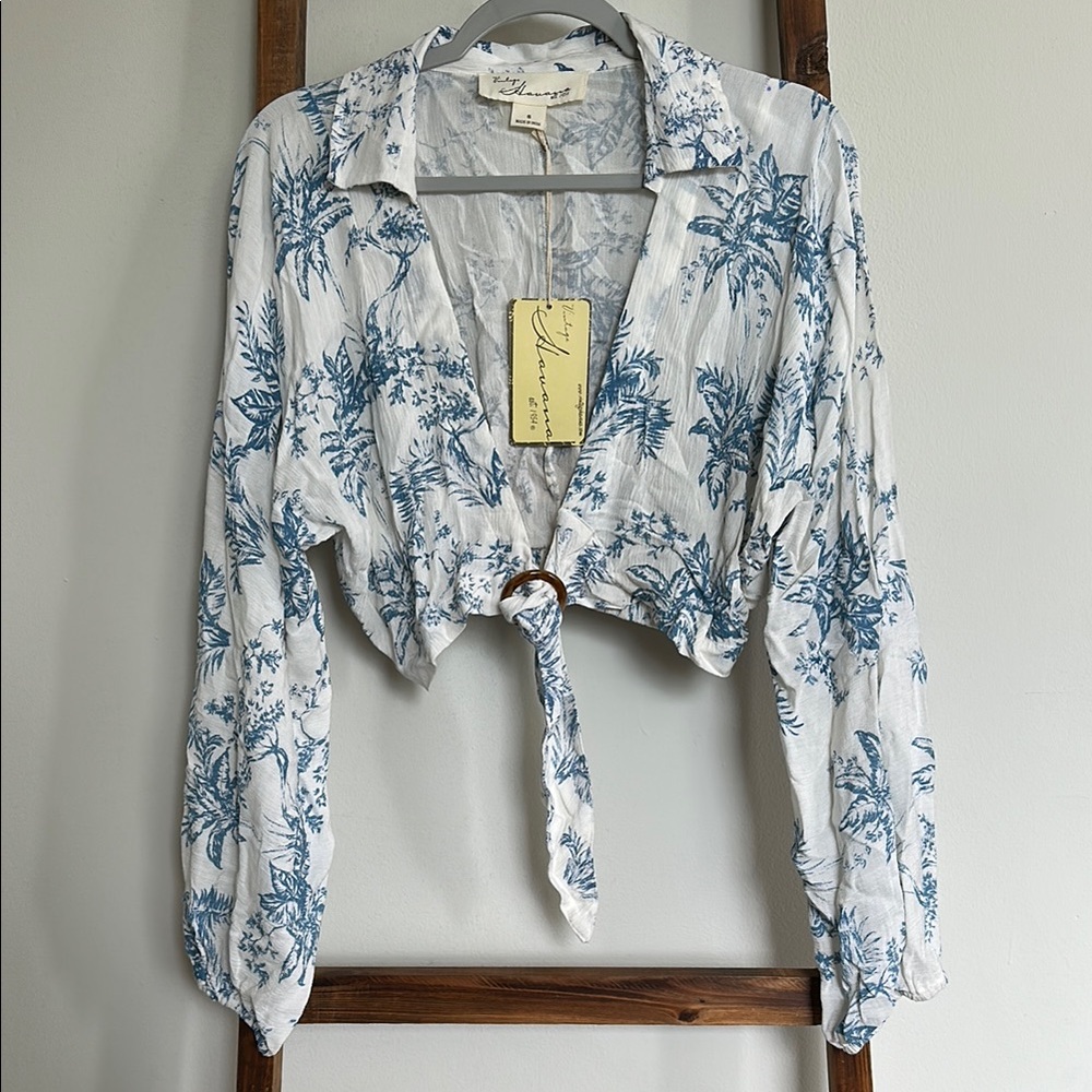 NEW Vintage Havana Blue and White Tie Front Blouse
